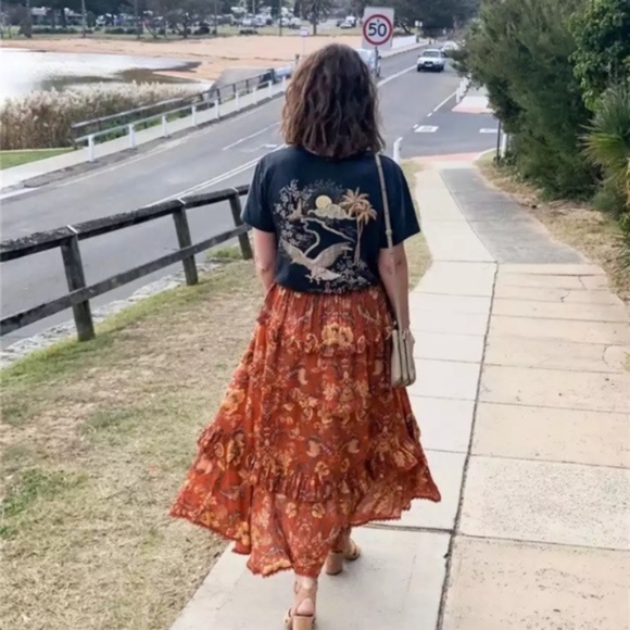 Rust Floral Bohemian Gypsy Ruffle Tier Maxi Skirt - Picture 4 of 8